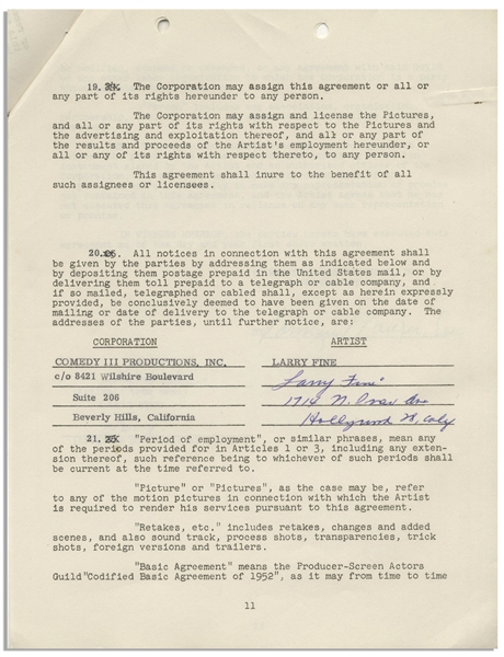 Larry Fine Contract Signed Three-Times With Comedy III Productions, Dated May 1959